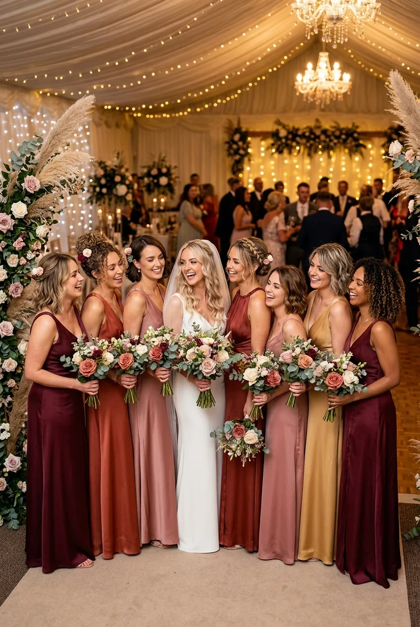 Final wedding party showing cohesive bridesmaid haircuts that flatter each individual