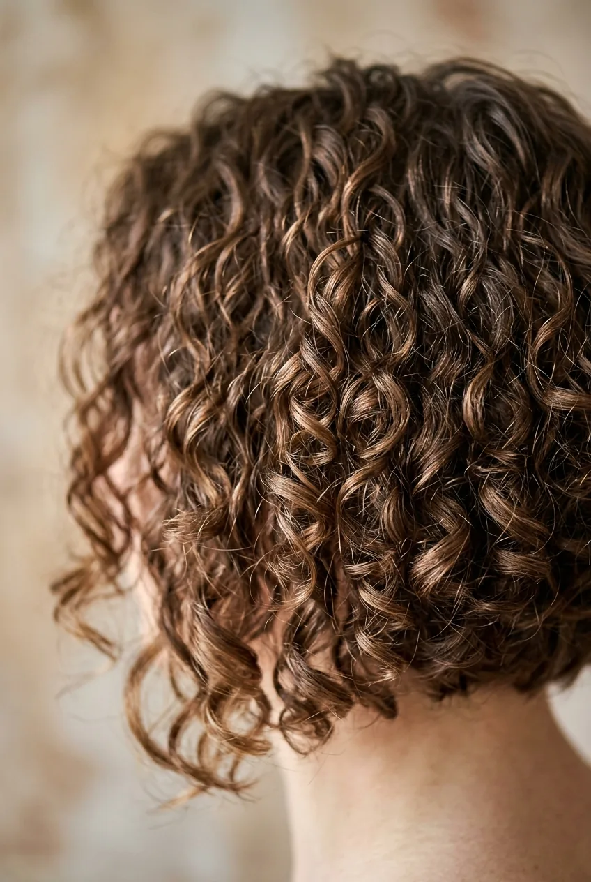 Fine curly hair styled in graduated bob cut with delicate wave pattern and soft highlights