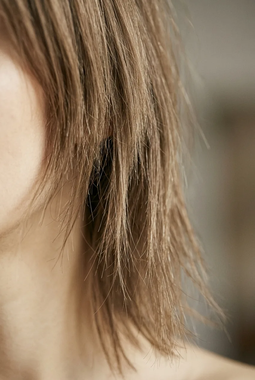 Woman with fine hair displaying poorly executed layers that appear stringy and separated under studio lighting