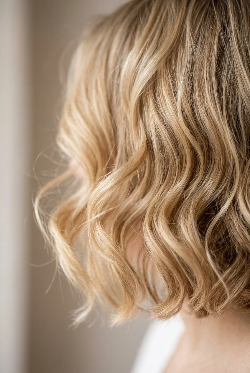Fine blonde hair styled in gentle chin-length waves showing volume and natural bounce