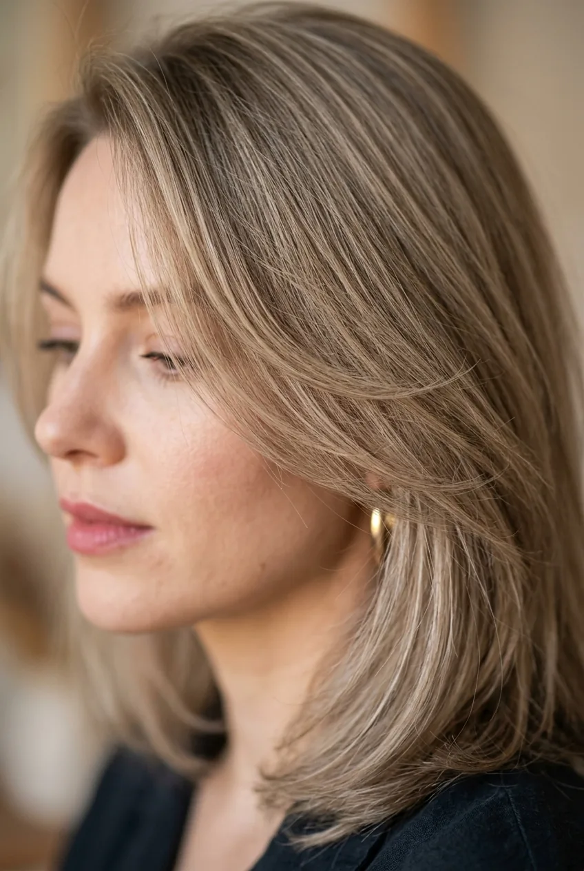 Woman with fine hair showing subtle internal layers that create volume and movement without thinning