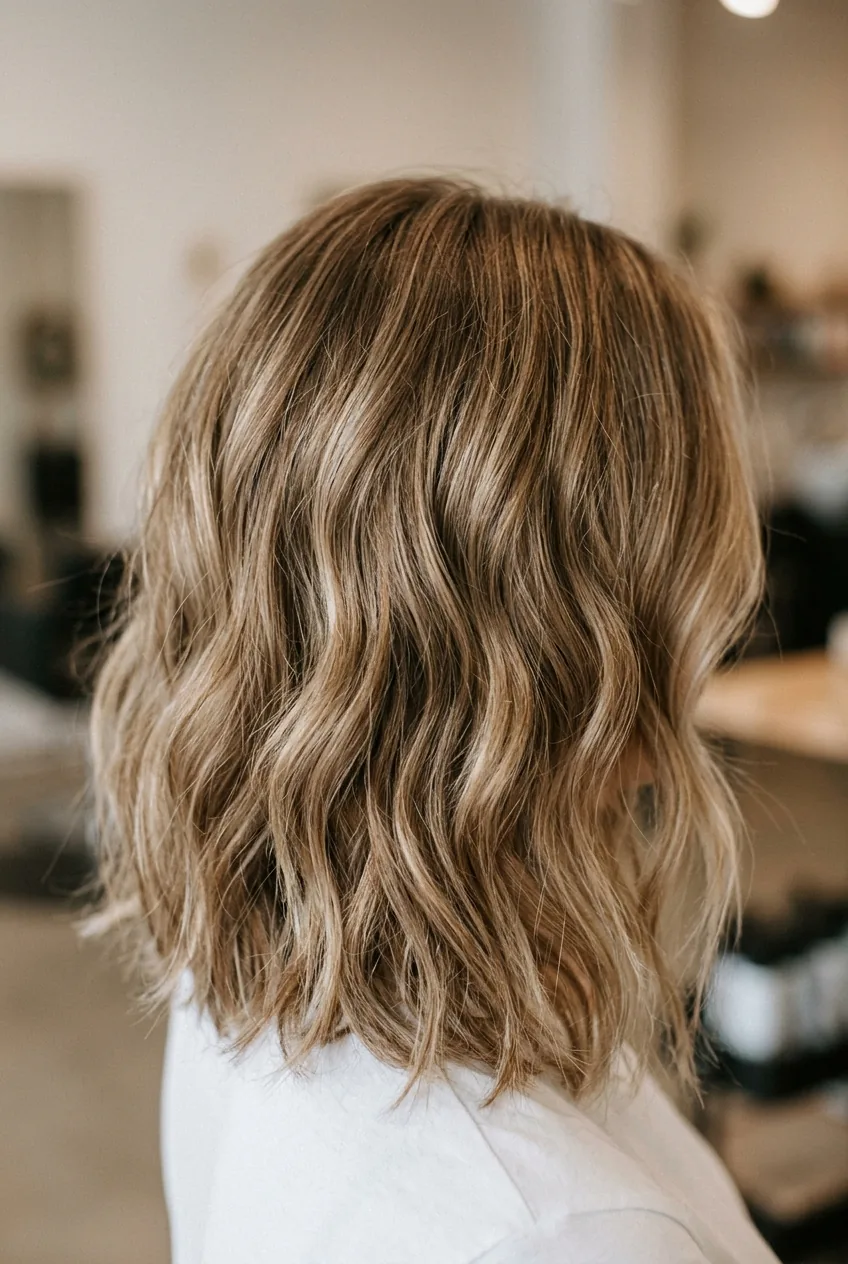 Woman with fine wavy hair in lived-in lob cut showing subtle layers and natural movement
