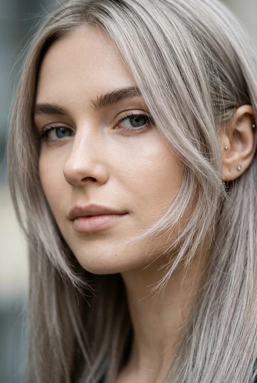 Fine straight hair with feathery razor-cut face framing layers in cool ash blonde