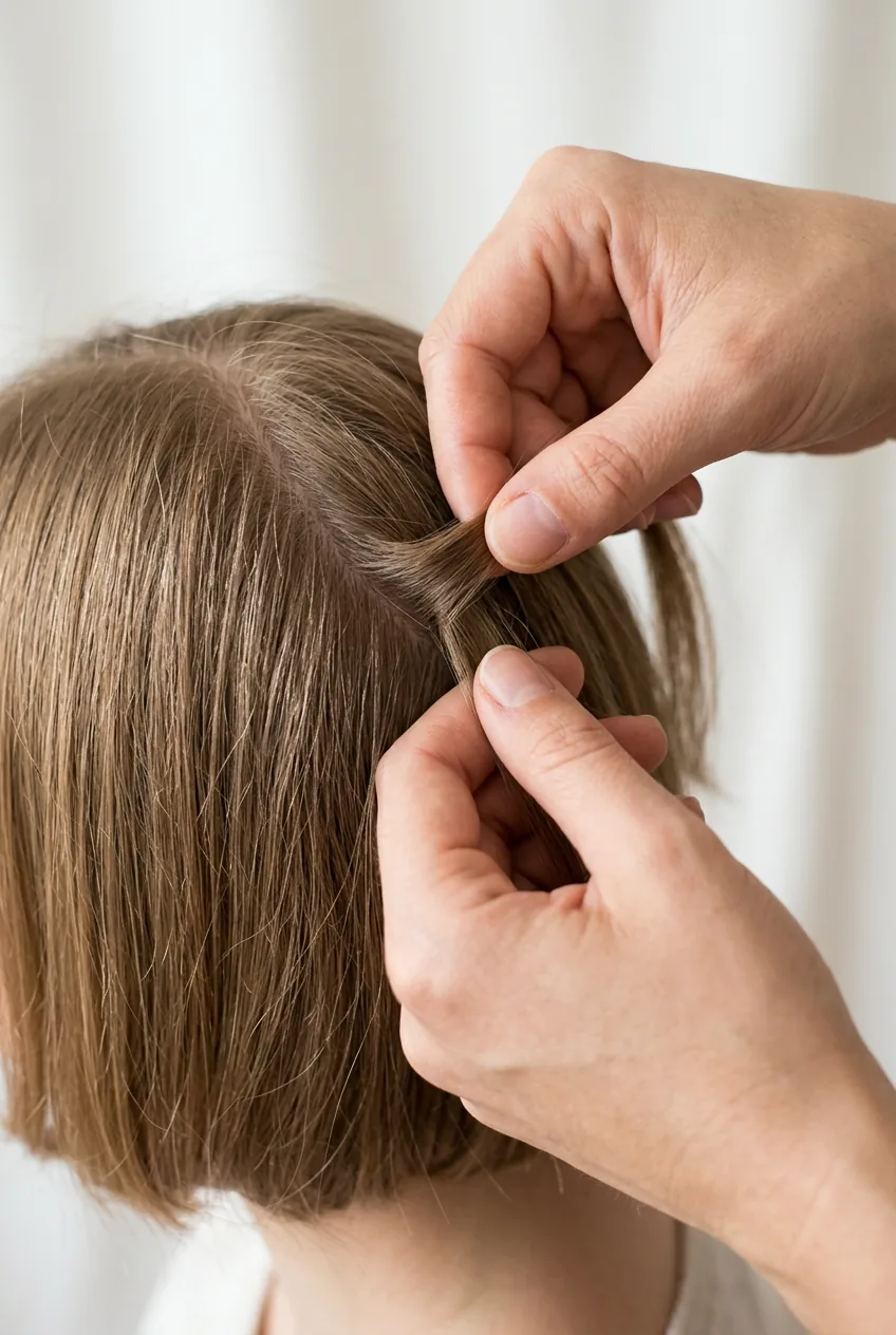 Hands demonstrating proper sectioning technique for fine hair during shoulder length braid creation
