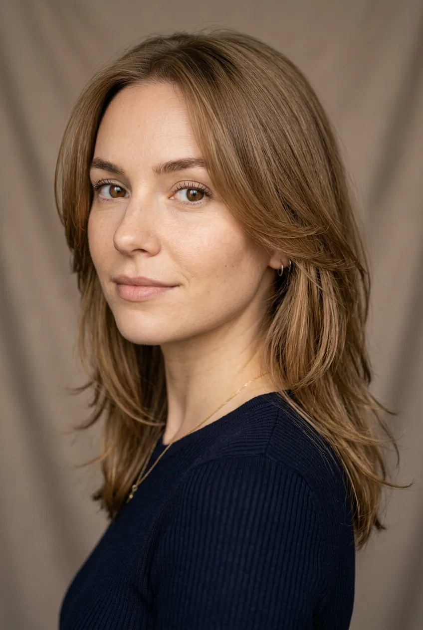 Woman with fine hair showing subtle layered cut technique for medium length hair
