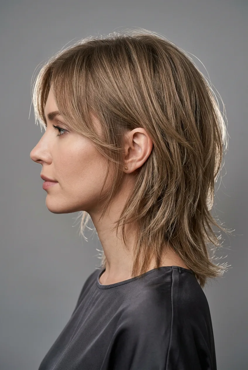 Woman with fine hair textural shag showing volume-creating layers