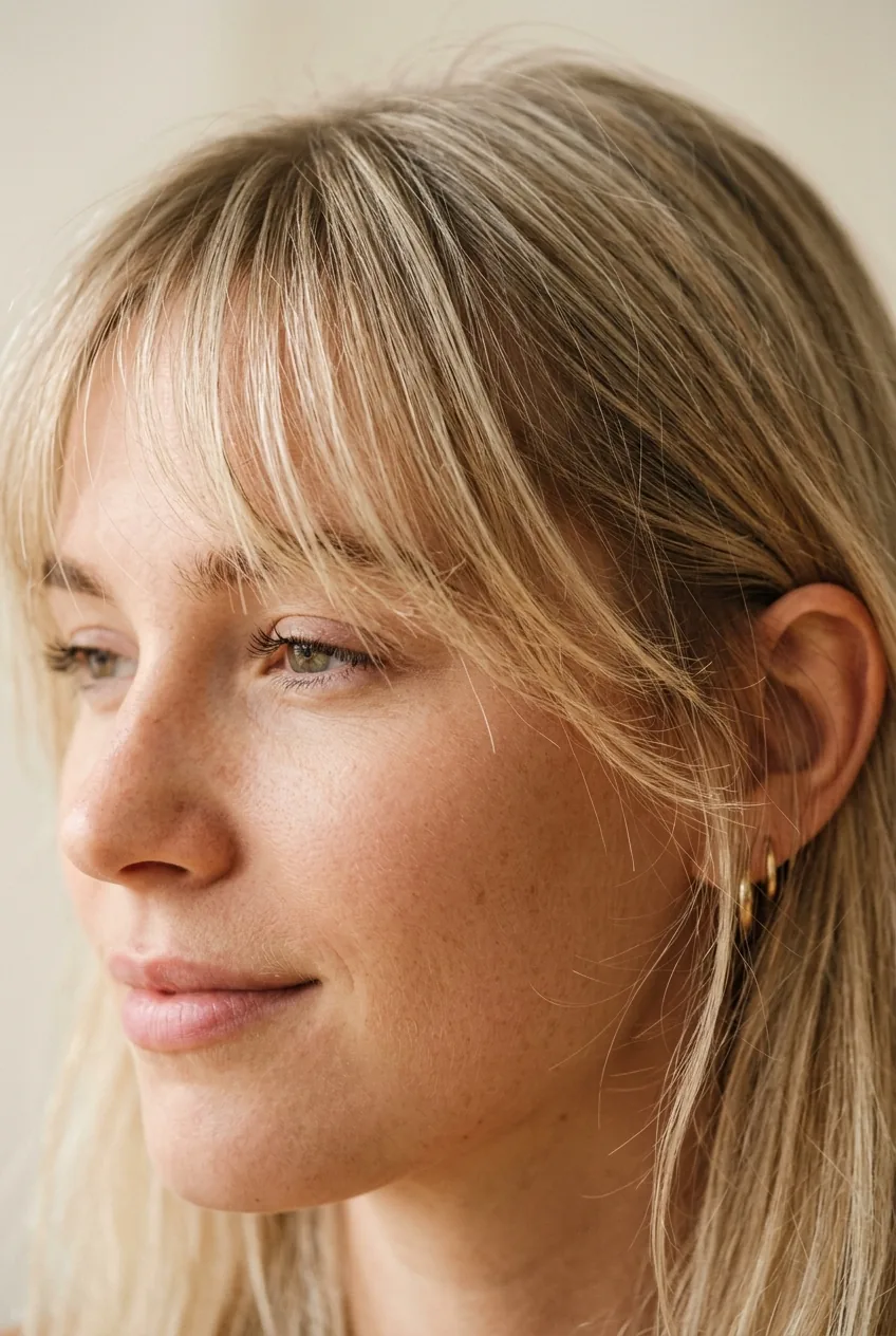 Fine hair styled with wispy bangs creating movement and visual texture without weight