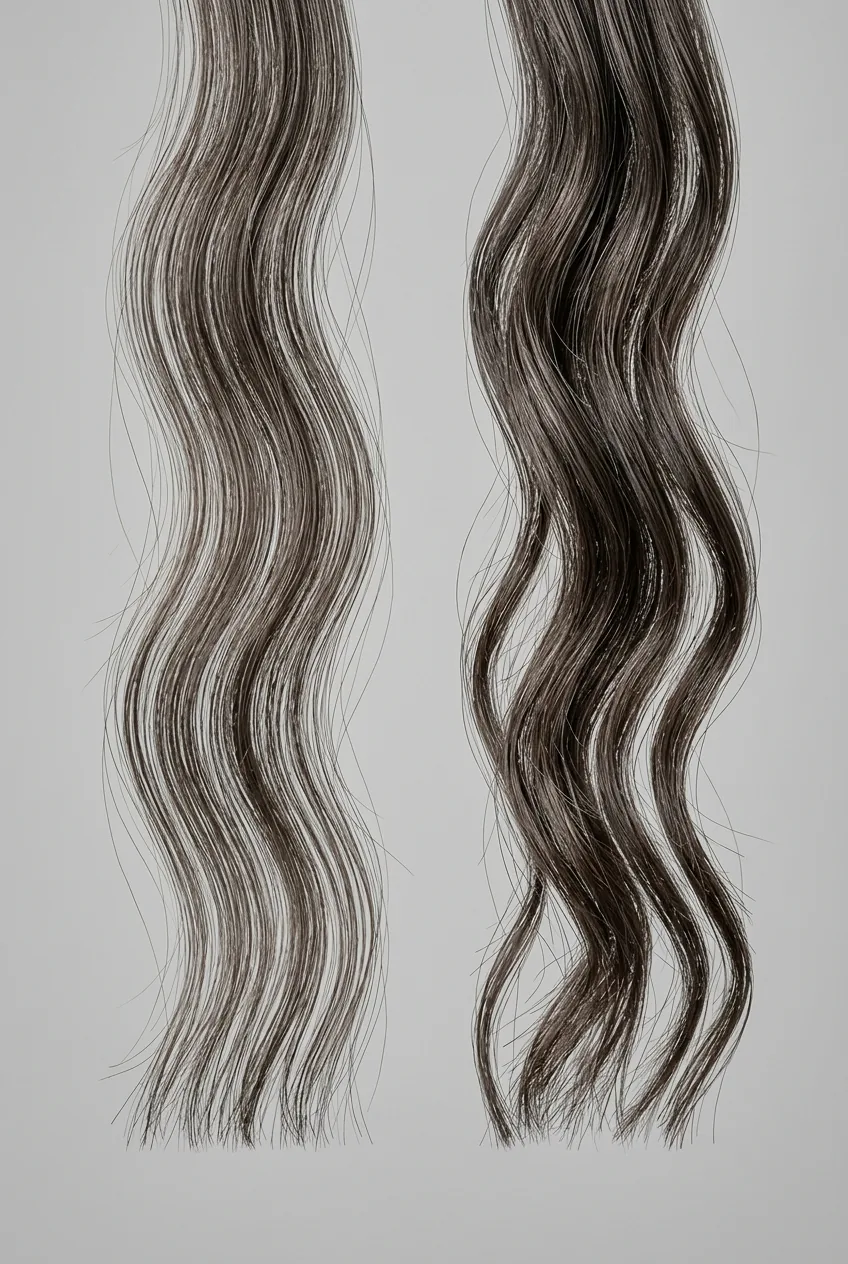 Fine wavy hair strands compared to coarse wavy hair showing density and thickness differences