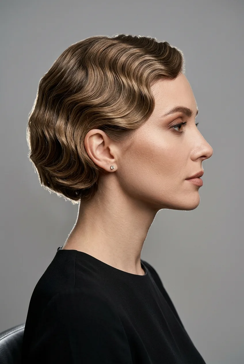 Woman with short bob featuring finger waves in S-shaped pattern
