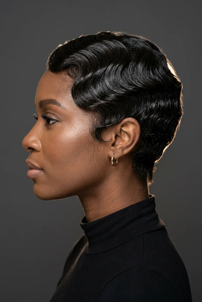 Woman with short hair styled in finger waves showing vintage S-shaped wave pattern