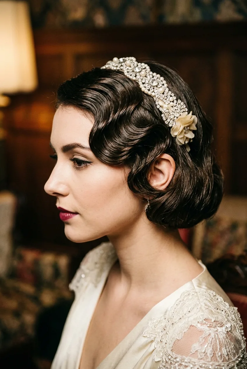 Finger waves on short hair showing sculpted wave pattern in classic 1920s bridal style