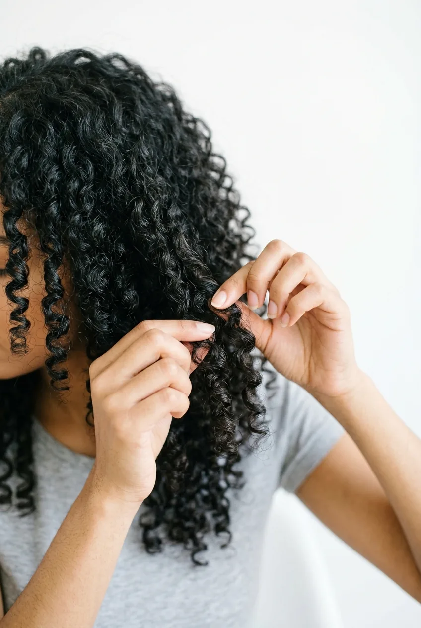 Fingers gently separating and loosening curls to create natural texture