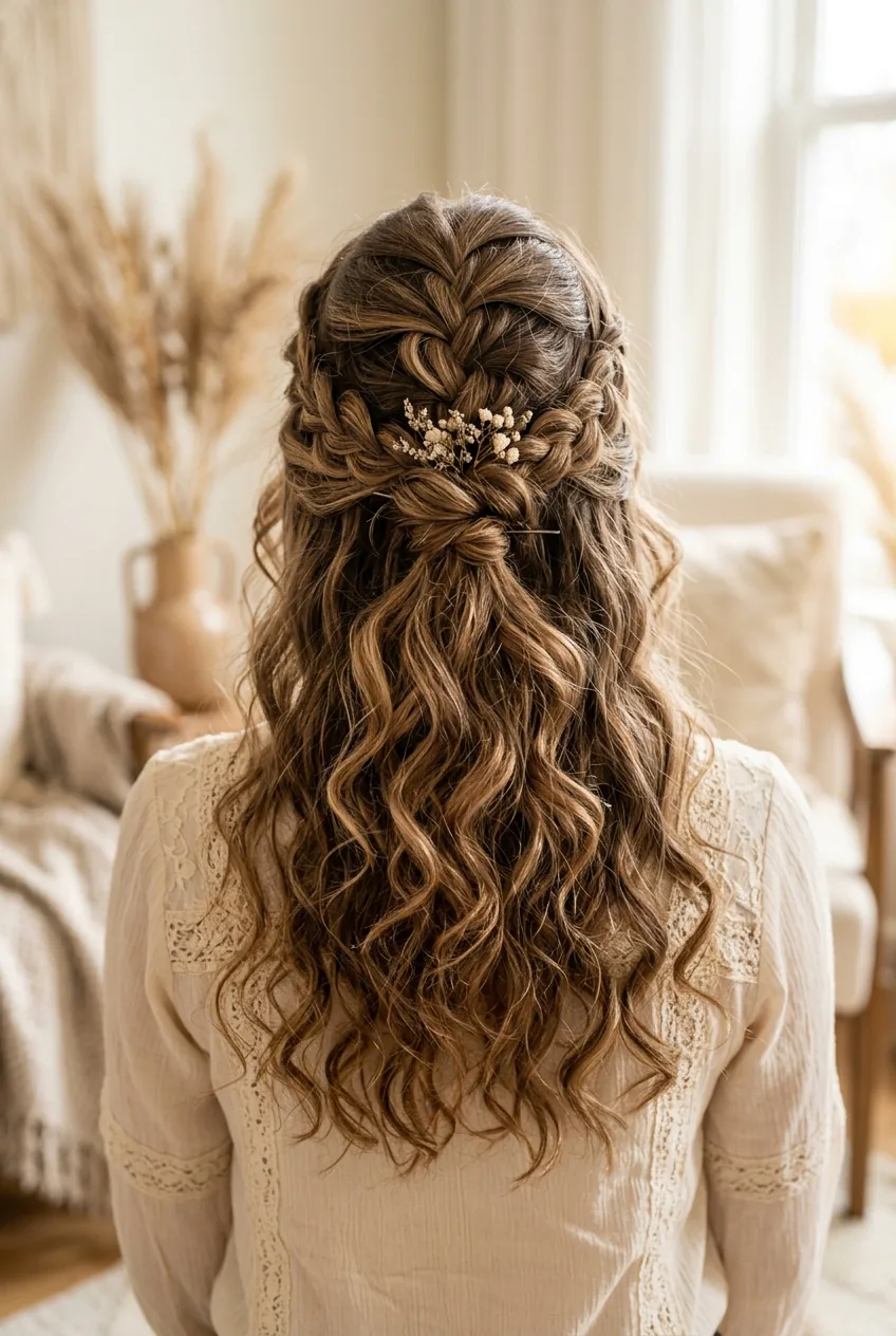 Completed braided half up boho hairstyle from behind showing gathered section and loose waves