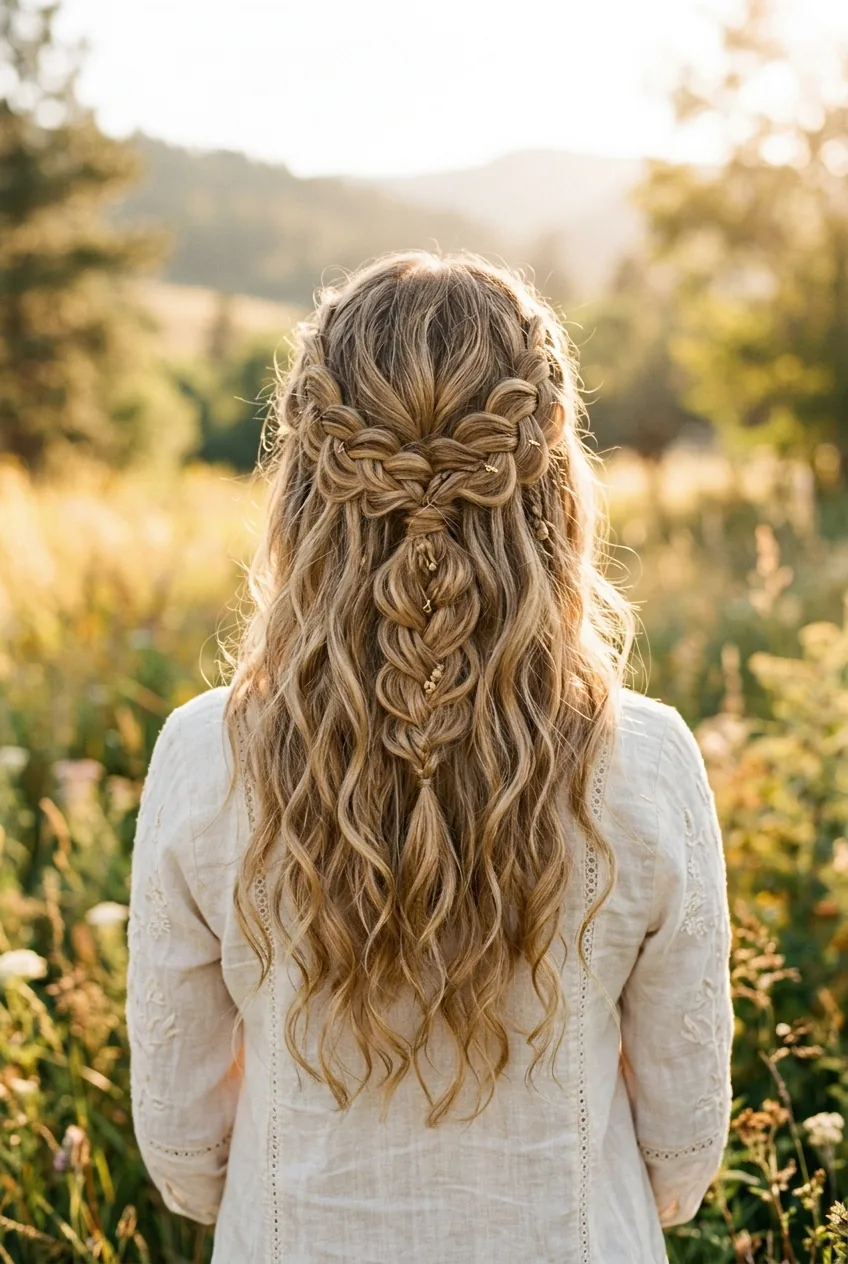 Back view of finished braided half up boho style showing loose waves and positioned braid