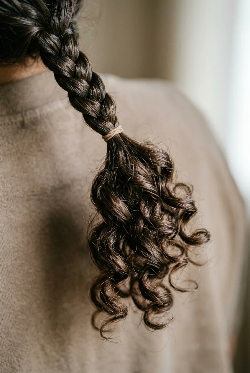 Finished short braid transitioning into loose natural curls showing texture contrast