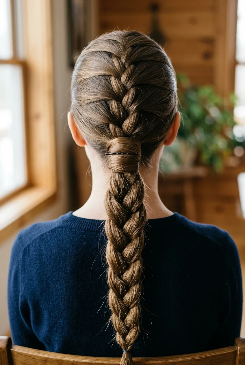 Completed braided ponytail from back showing hair wrapped around bottom elastic with clean finish
