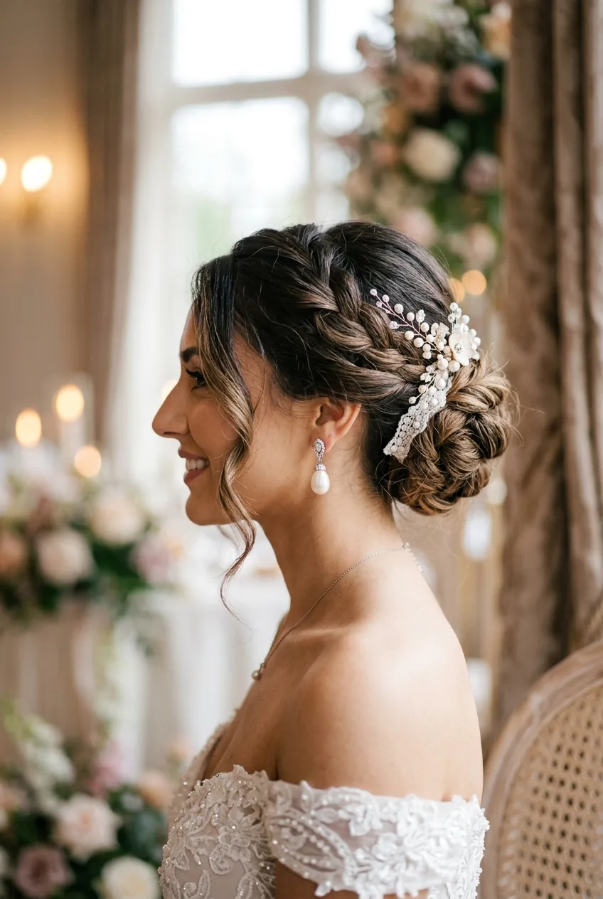 Finished bridal updo from side angle showing face-framing pieces and elegant profile view