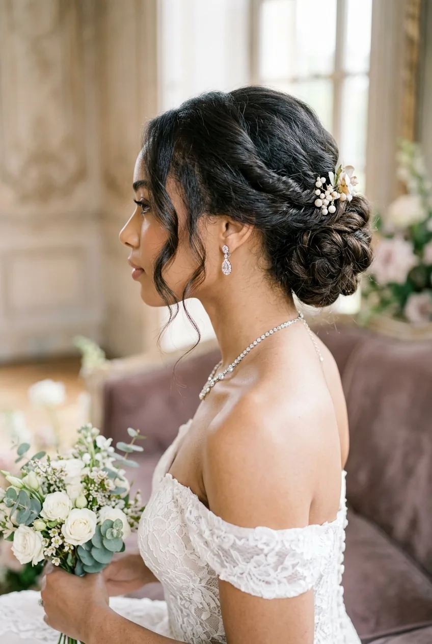 Finished formal chignon updo from three-quarter angle with elegant jewelry and face-framing pieces