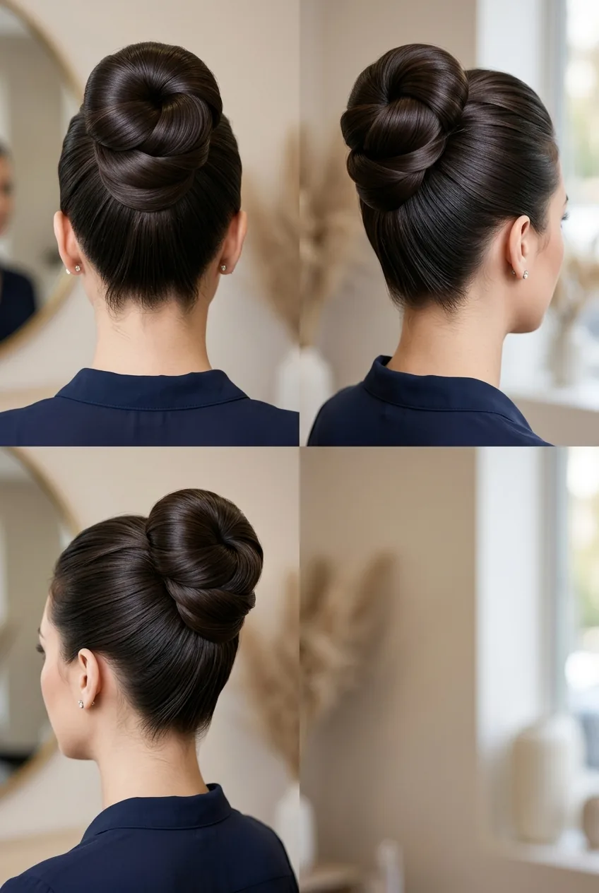 Completed classic high twist updo displayed from multiple angles showing polished elegant result