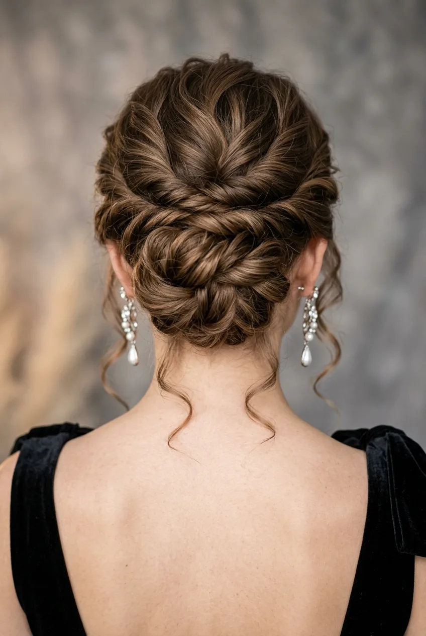 Completed elegant updo from behind with soft romantic volume, twisted elements, and face-framing tendrils