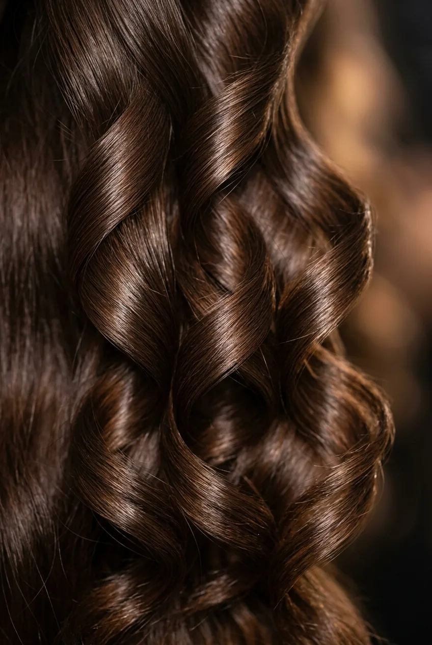 Finished long wavy hair with glossy shine and defined spiral patterns after styling