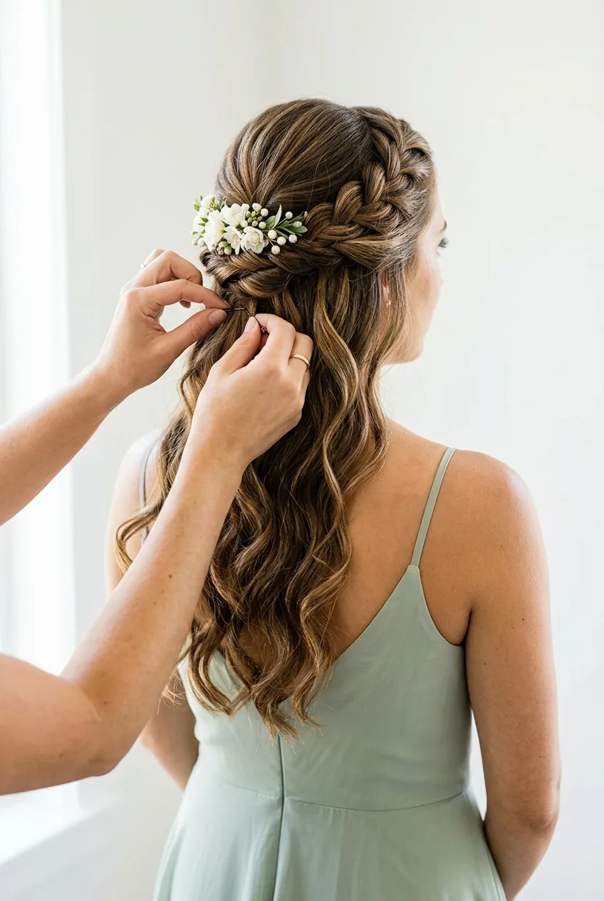 Back view of completed elegant half-up half-down bridesmaid hairstyle