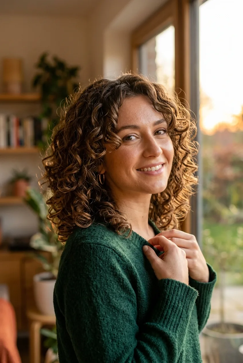 Finished layered curly lob hairstyle with defined bouncy curls and natural movement