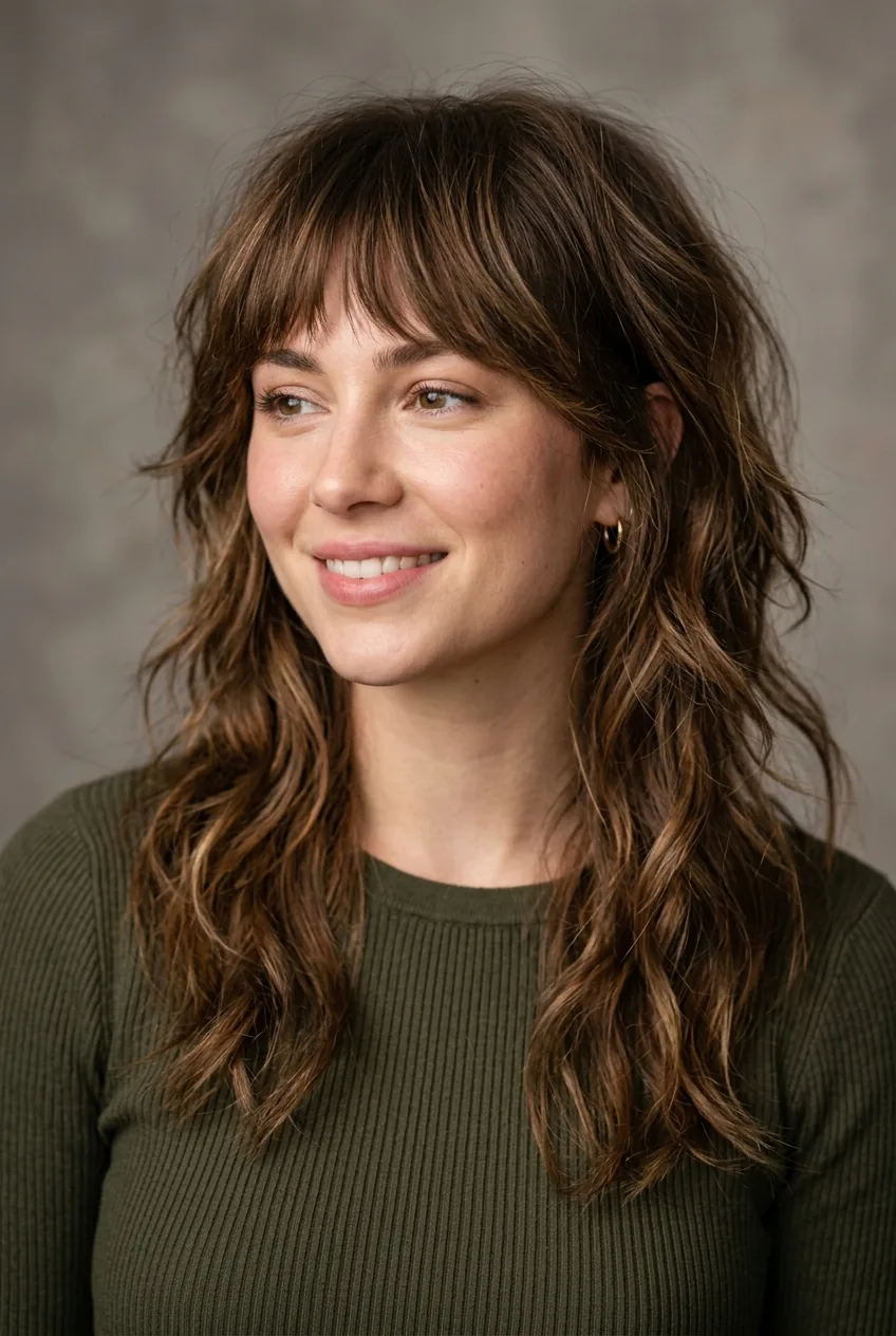 Finished layered shag haircut on model showing tousled styling with piece-y texture and natural movement