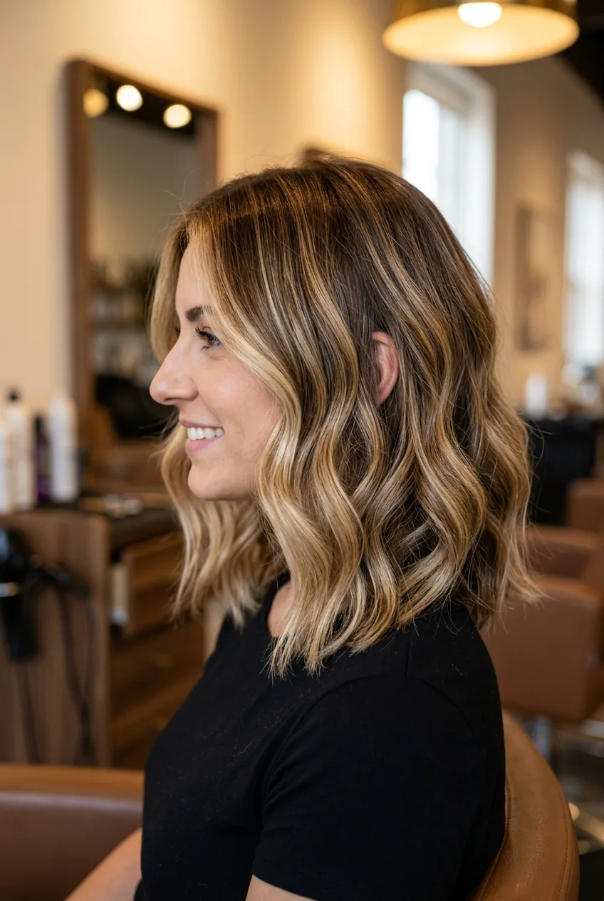 Woman with completed lob balayage displaying face-framing highlights styled in natural waves