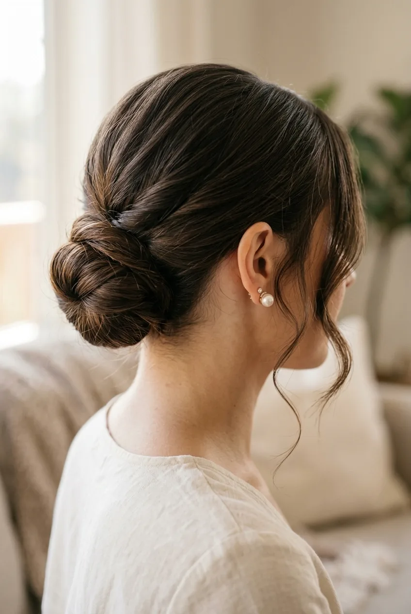 Finished low bun hairstyle with face-framing pieces and pearl earrings in soft romantic lighting