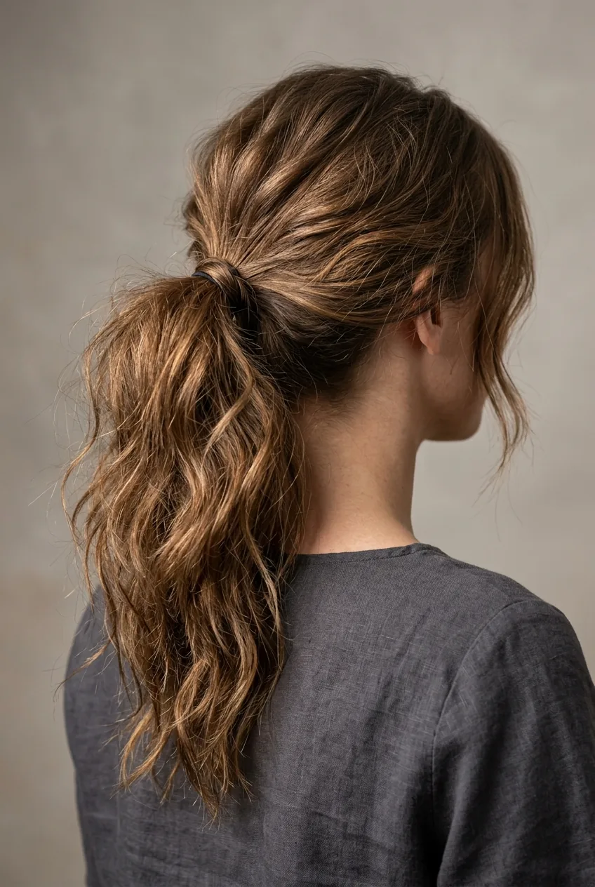 Completed messy ponytail from back angle showing natural texture and deliberate imperfect finish