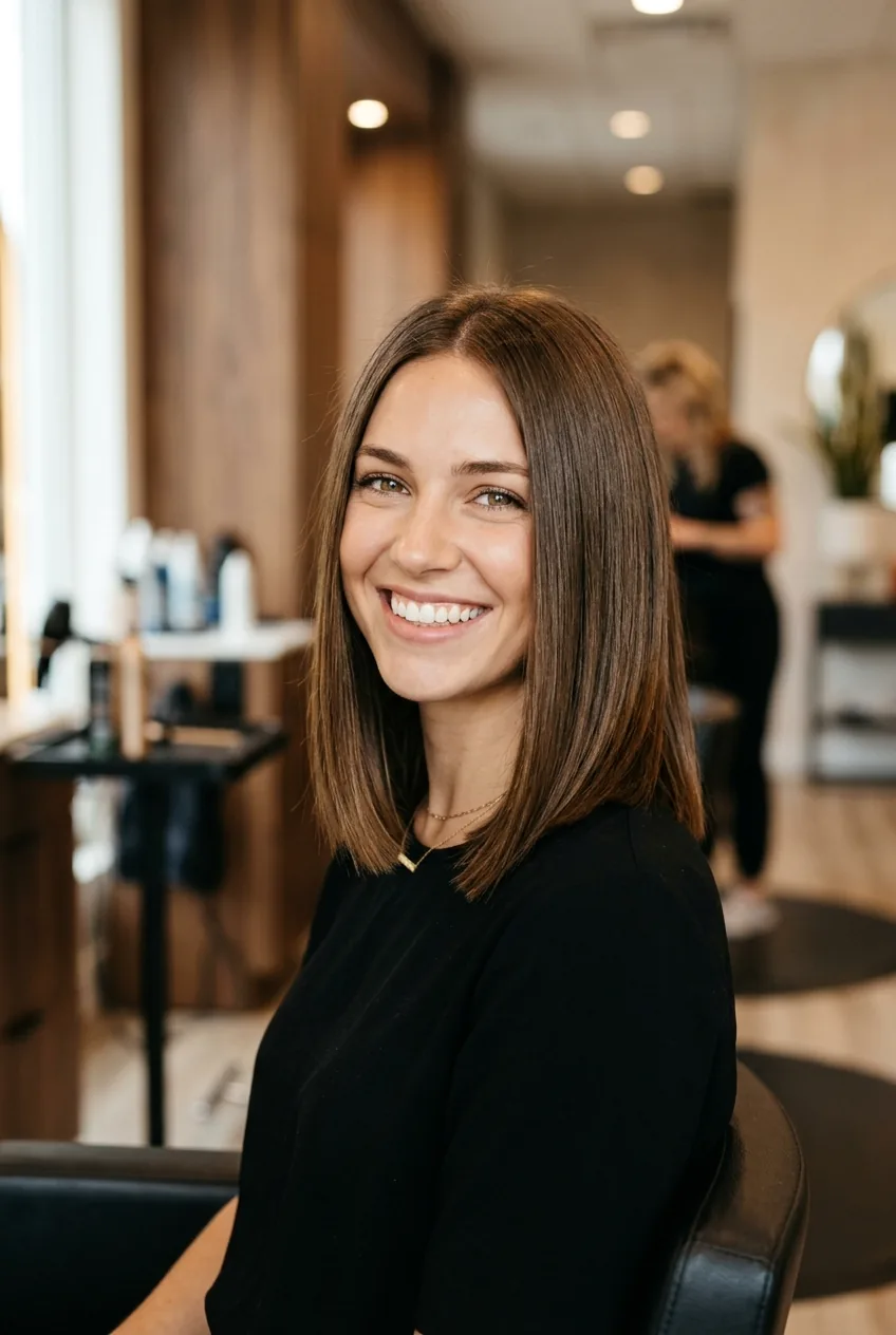 Finished shoulder length haircut showing healthy thick ends and perfect length placement