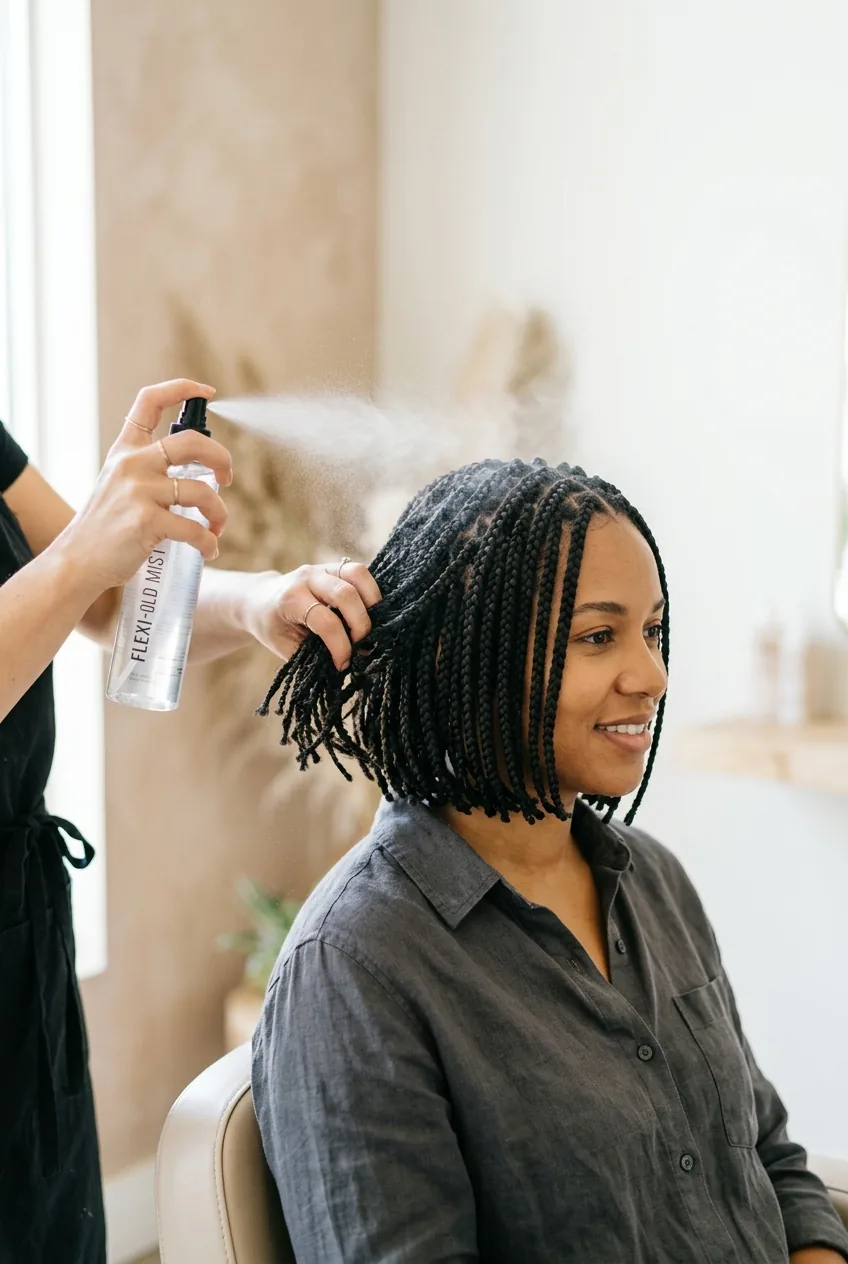 Woman's finished short bob braids being misted with hairspray while hands scrunch for texture