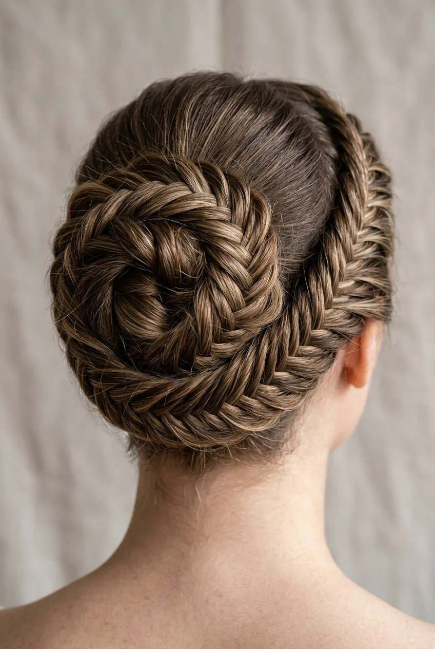 Close-up detail of intricate fishtail braid coiled into elegant updo