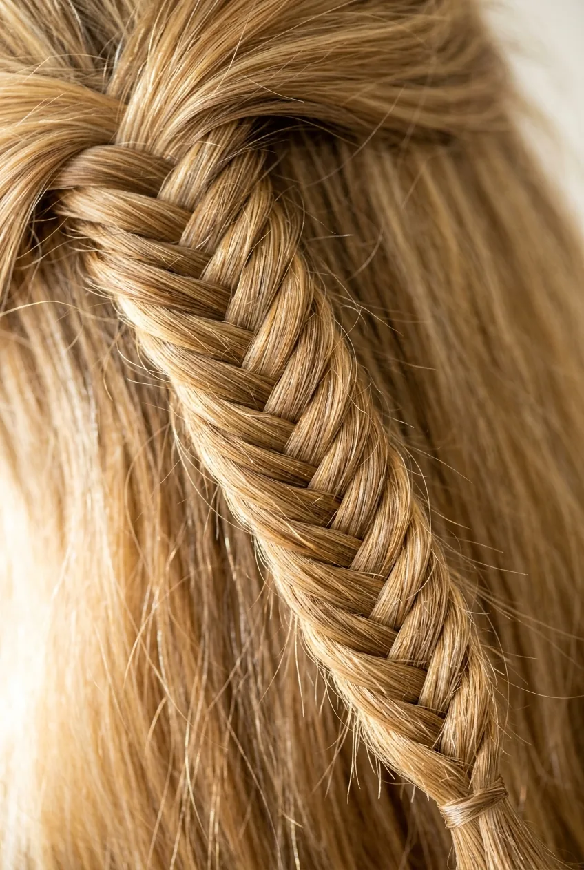 Detailed fishtail braid revealing herringbone pattern and tiny crossover sections in blonde hair