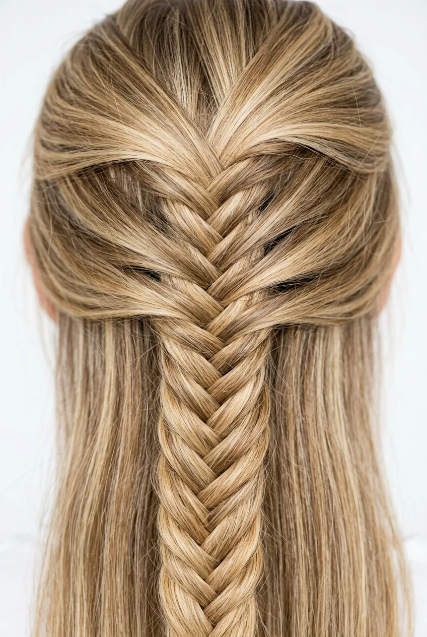 Detailed close-up of fishtail braid pattern on blonde hair showing intricate herringbone crossover sections
