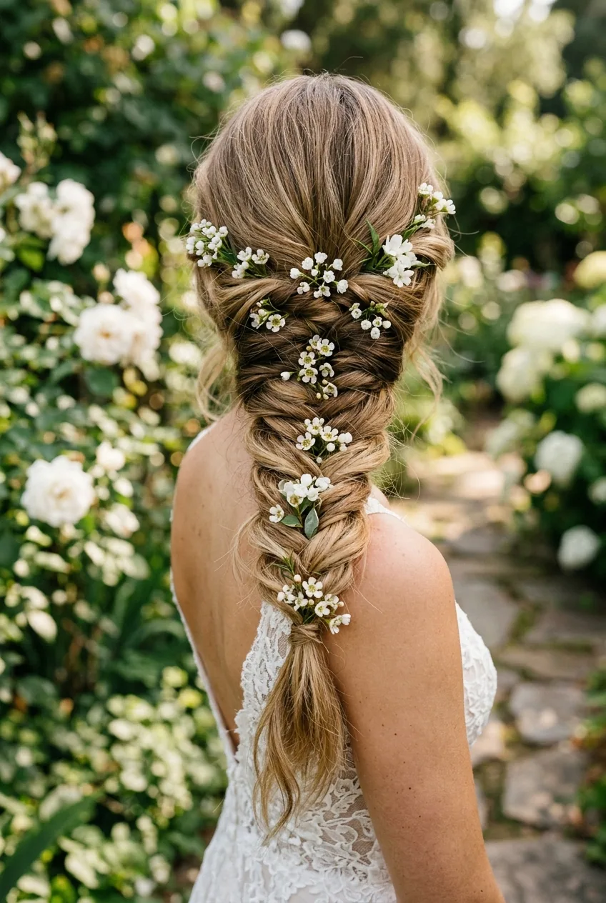 Fishtail braid with pulled edges creating full romantic texture and fresh flowers