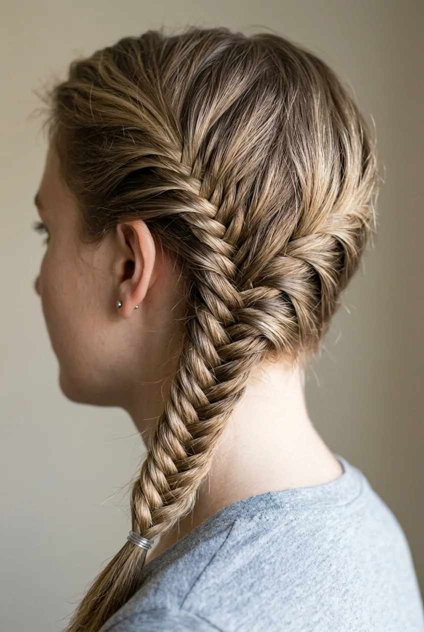 Fishtail braid swept to one side on short hair displaying scales-like texture pattern