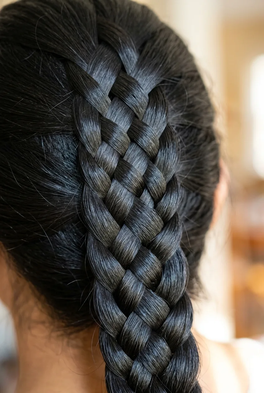 Five-strand braid close-up showing wide flat weave and intricate pattern in black hair