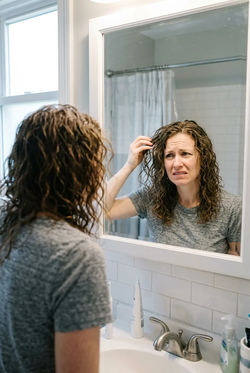 Woman looking frustrated at flat stringy curls in bathroom mirror before styling