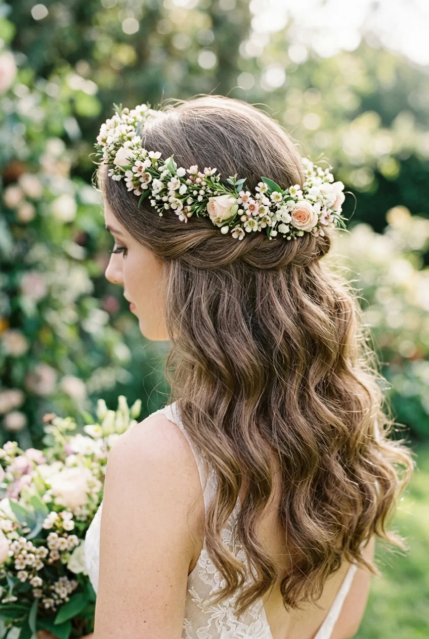 Floral crown half-up wedding hairstyle with delicate flowers and romantic waves flowing below