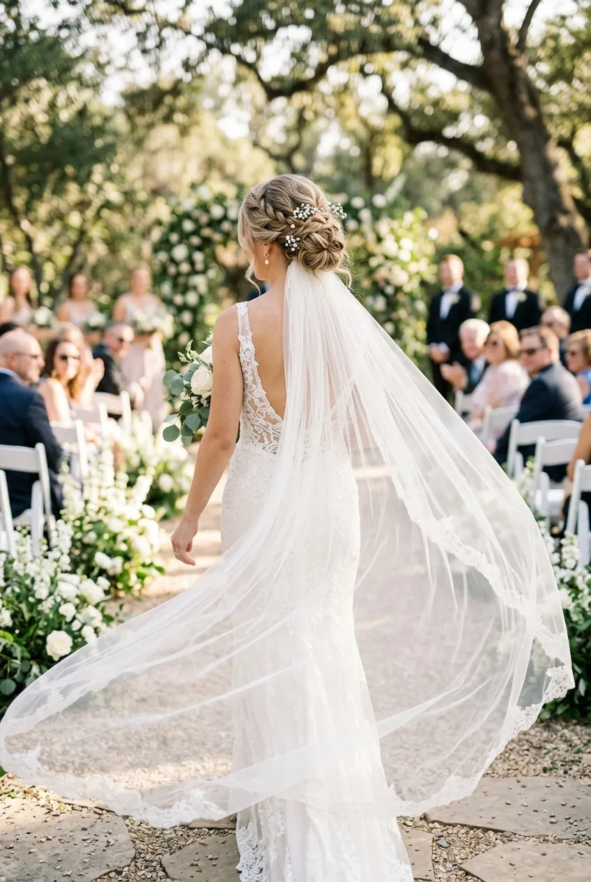 Ethereal back view of cathedral veil flowing with romantic loose updo captured in motion with pearl earrings