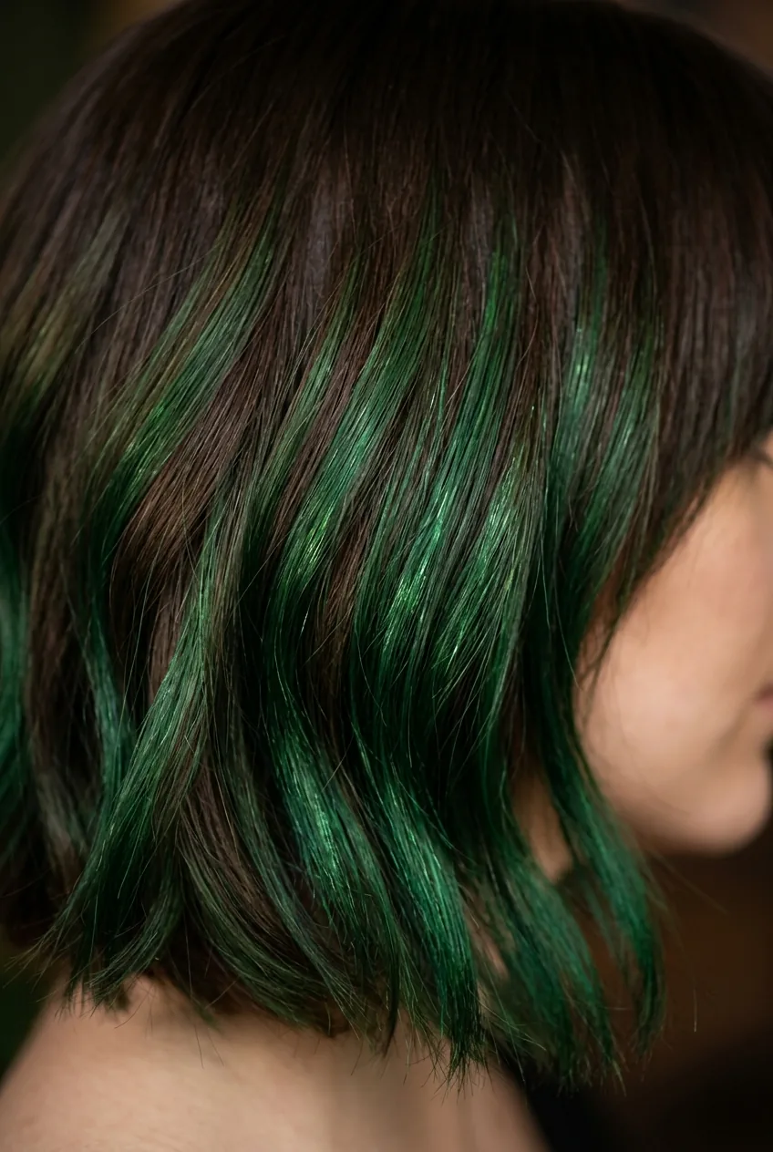 Forest green highlights on chocolate brown bob with emerald pieces catching studio light