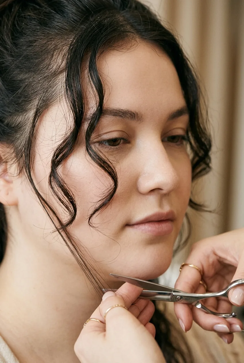 Hairstylist cutting forward-angled layers with sharp scissors on woman with round face creating diagonal lines