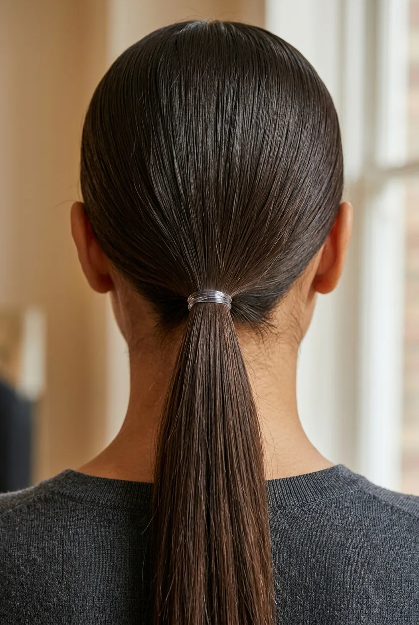 Low ponytail secured at nape of neck with clear elastic creating foundation base for formal updo