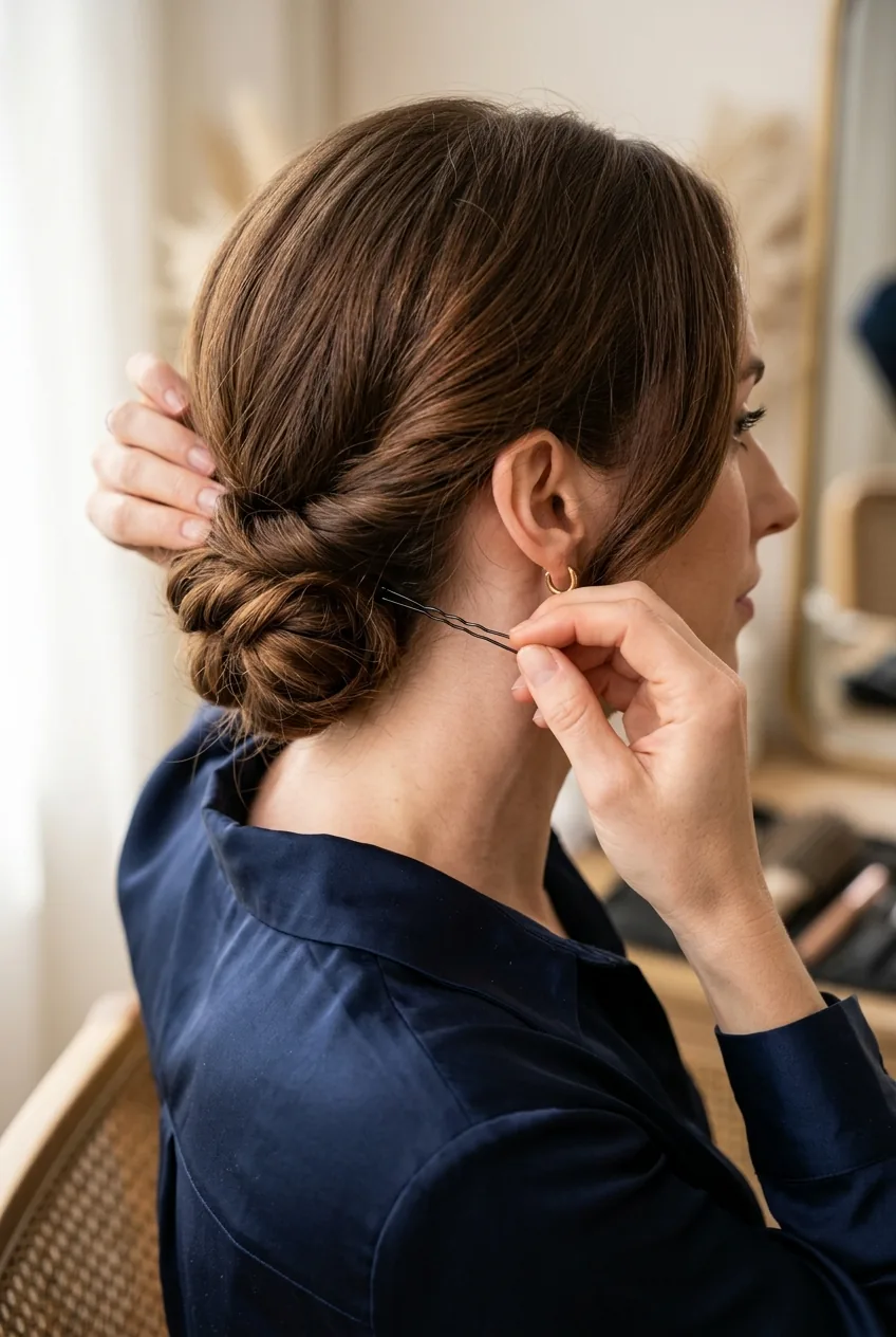Side profile of woman having foundation twist secured with angled bobby pins during updo styling