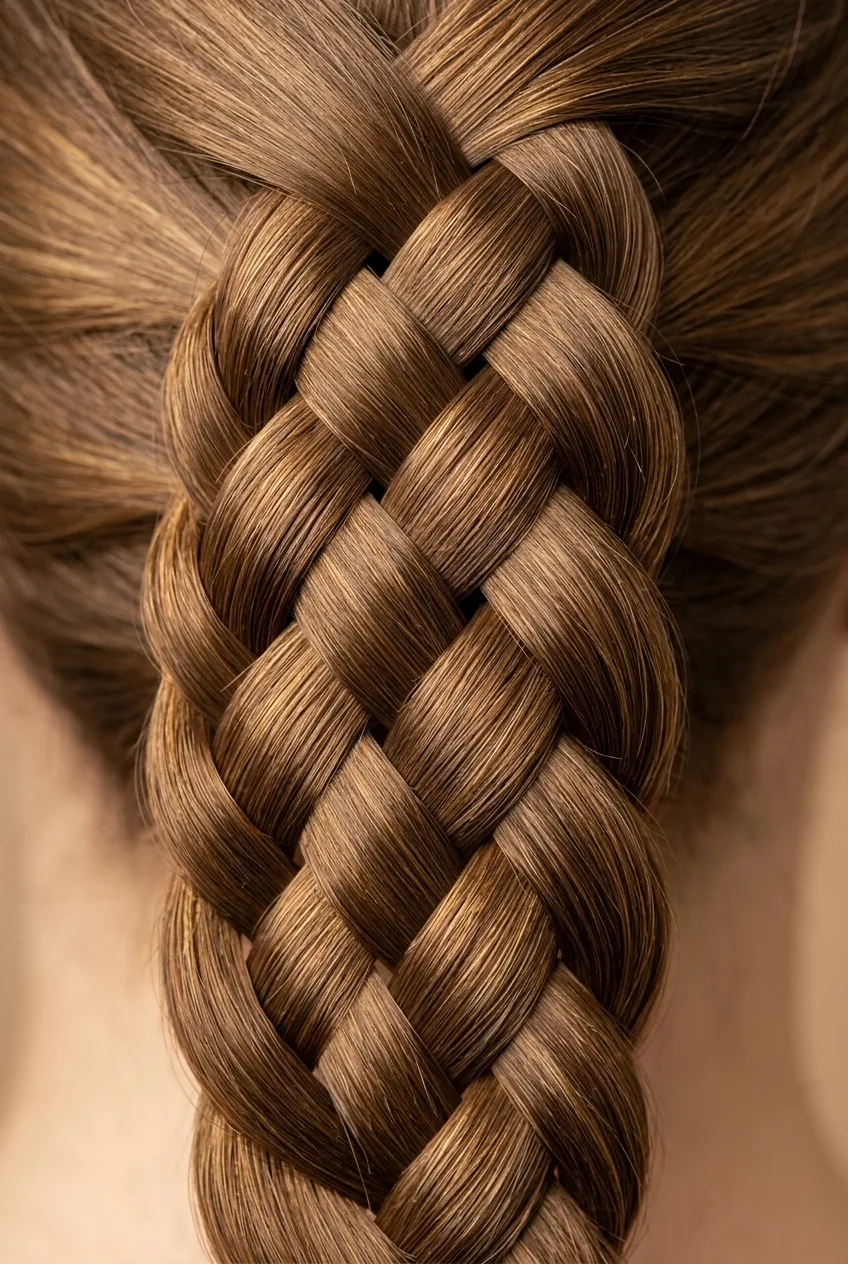 Extreme close-up of four-strand basket weave braid on caramel brown hair showing complex interlocking pattern
