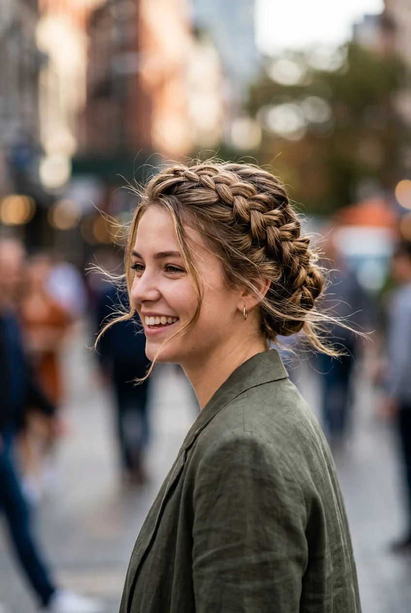 Young woman with elaborate four-strand braid coiled into dimensional updo at neck