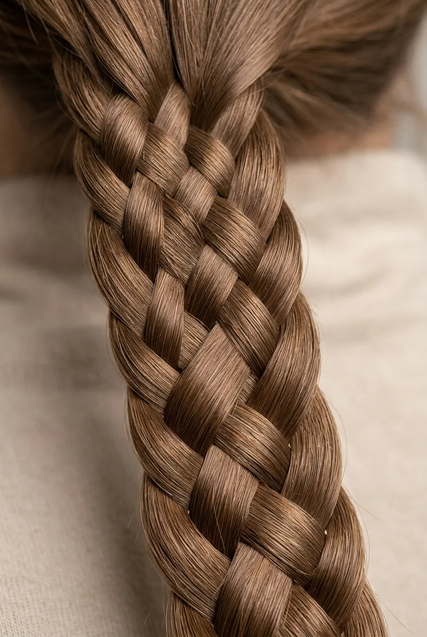 Four-strand braid close-up showing woven ribbon texture and complex interlacing pattern under studio lights