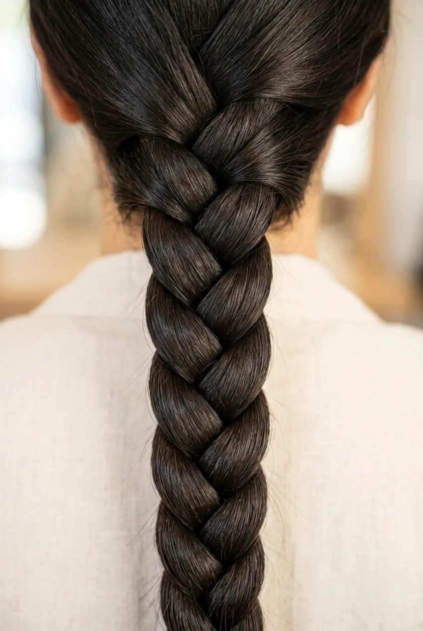 Four-strand braid displaying complex rope-like texture and even sectioning in thick dark hair